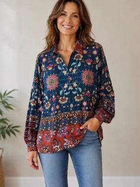 Love Kyla Boho Cotton Long Sleeve Button Front Colorful Lightweight Shirt Top XL